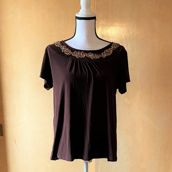 NWT Sz 1X Standard Brown/Orange Short Sleeve Top - Picture 1 of 4